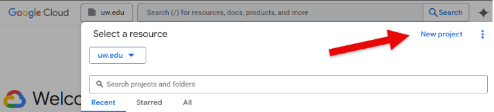 Screenshot showing to select new project on the right of the screen