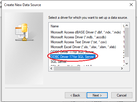 Creating a new data source in MS Access using the ODBC Driver for SQL Server