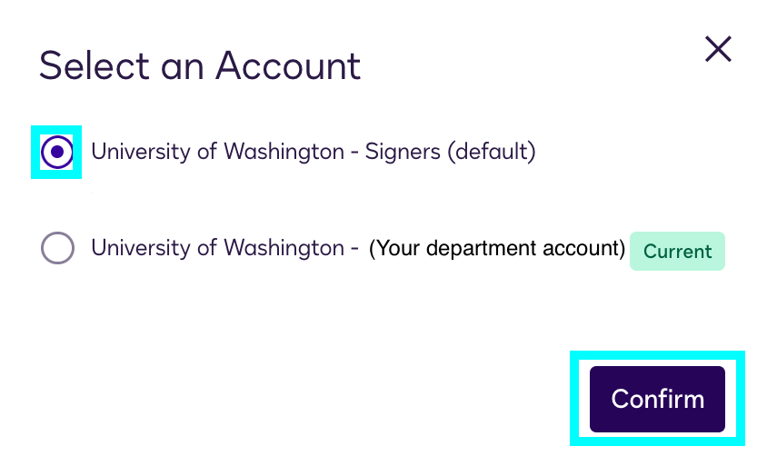 Screenshot of "Select an Account" page showing different membership account labeled as "current"