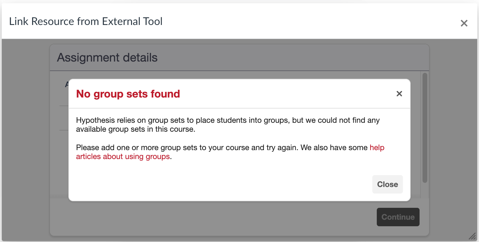 Hypothesis popup error when trying to get groups from Canvas if you have not created a group set