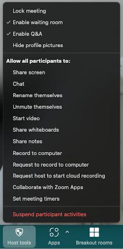 Screenshot of what Host Tools Menu should look like after, only enable waiting room and enable Q&A.