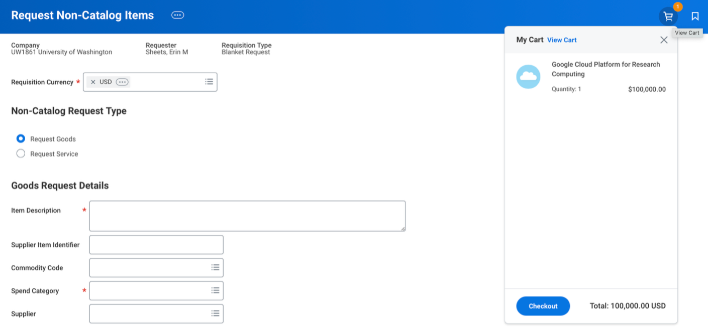 Workday View Cart and Checkout screen displaying selected items and checkout options.