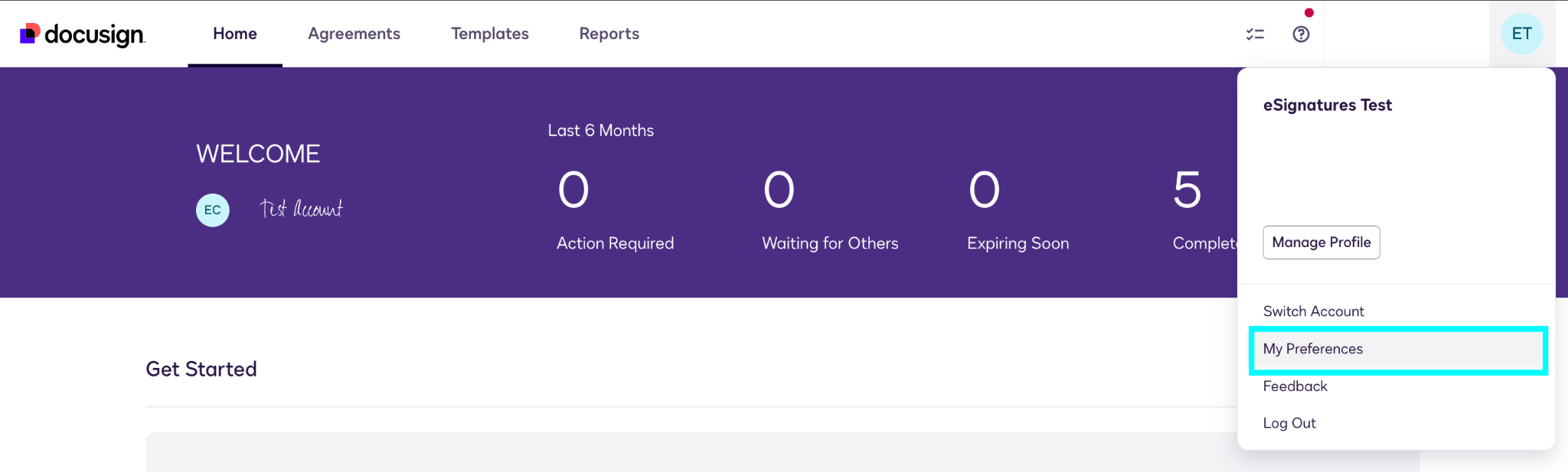 Screenshot of Docusign Get Started page showing profile icon menu with "my preferences" selected