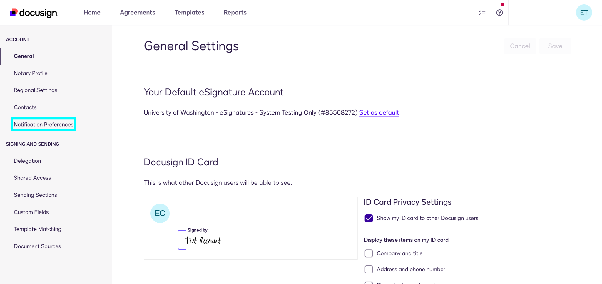 Screenshot of General Settings page with option to select "Notification Settings" in left side menu