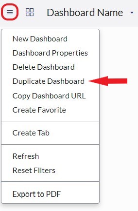 Screenshot showing hot to access the Duplicate Dashboard option