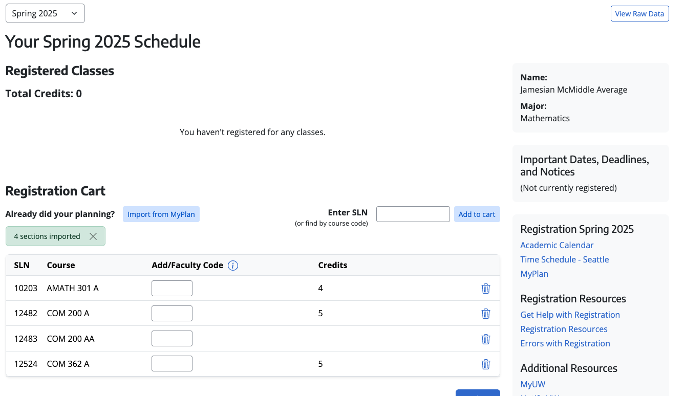 Screenshot of Register.UW MyPlan import