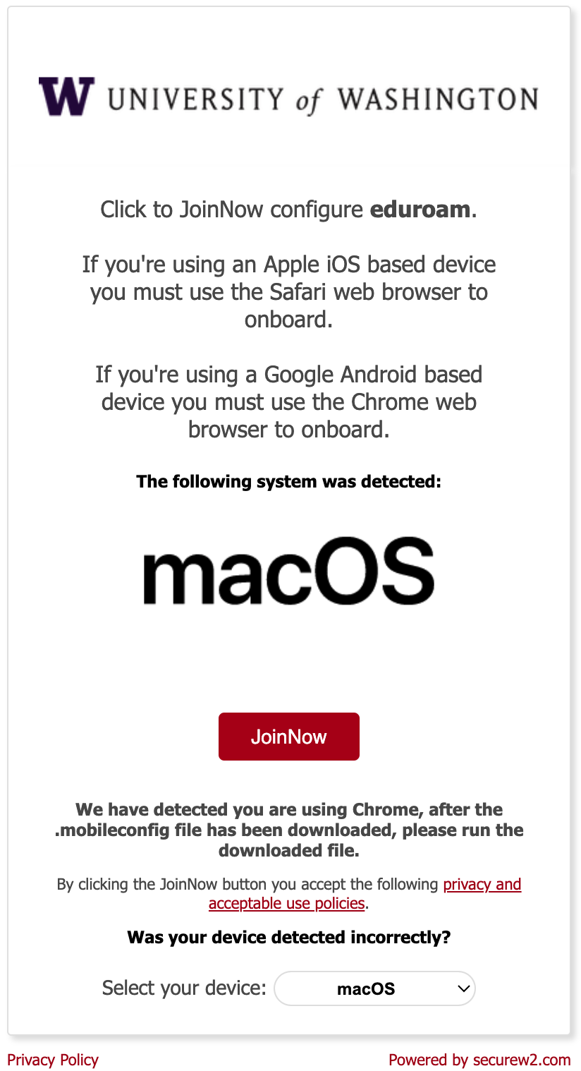 Screenshot of Wi-Fi onboarding page with "JoinNow" button. 