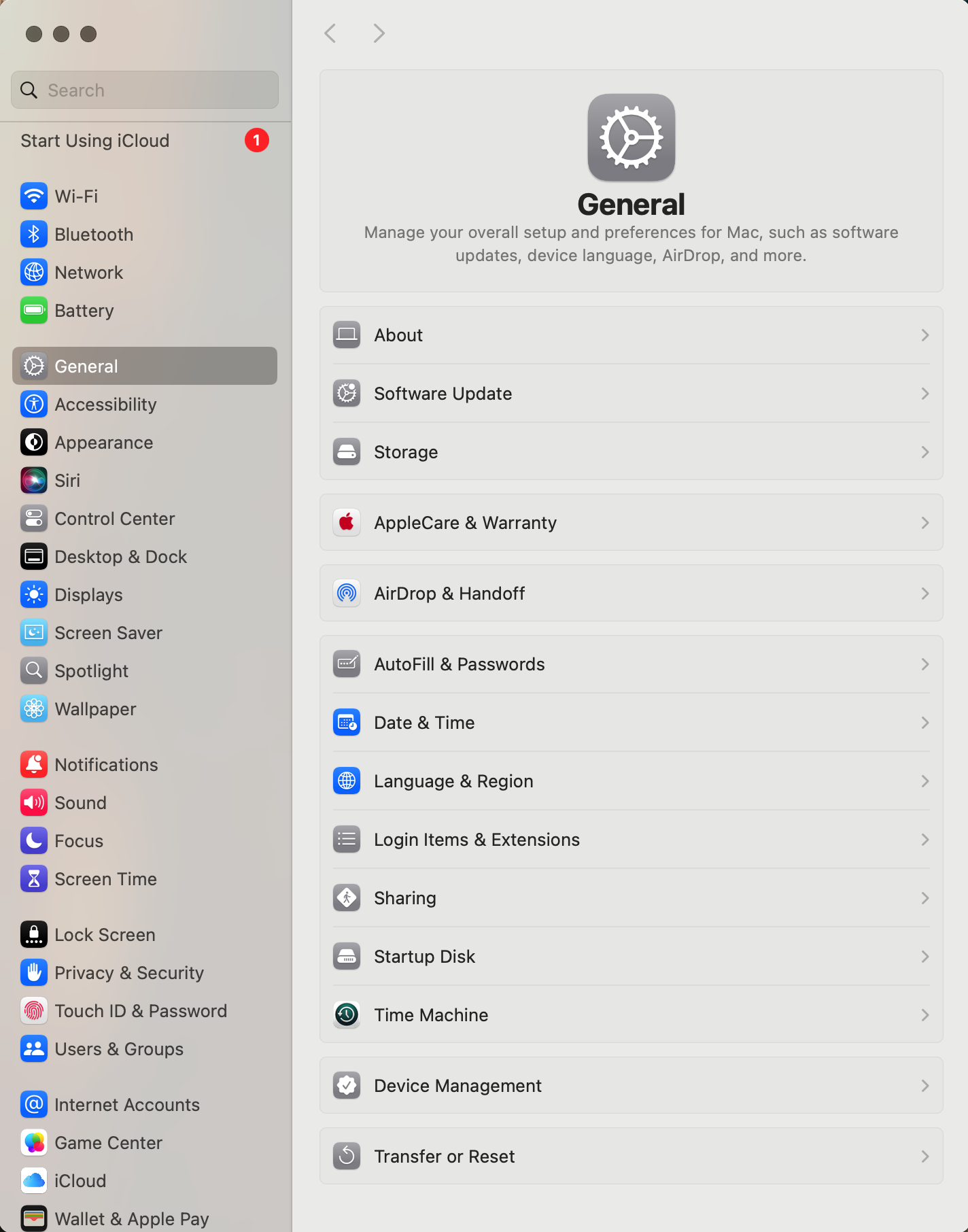 Screenshot of "General" tab in System Settings. 