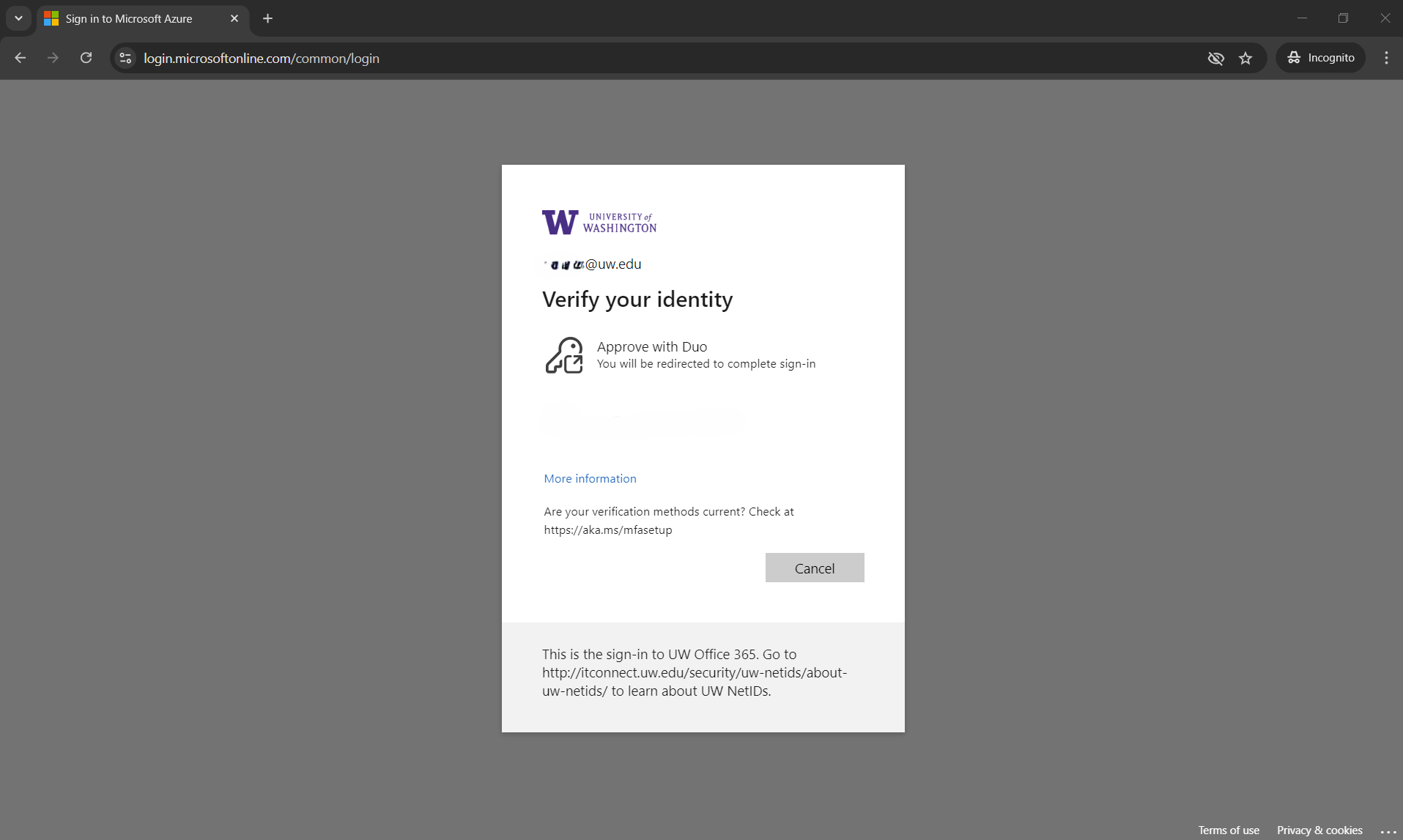 Screenshot of the UW-branded 2FA page titled "Verify your identity"