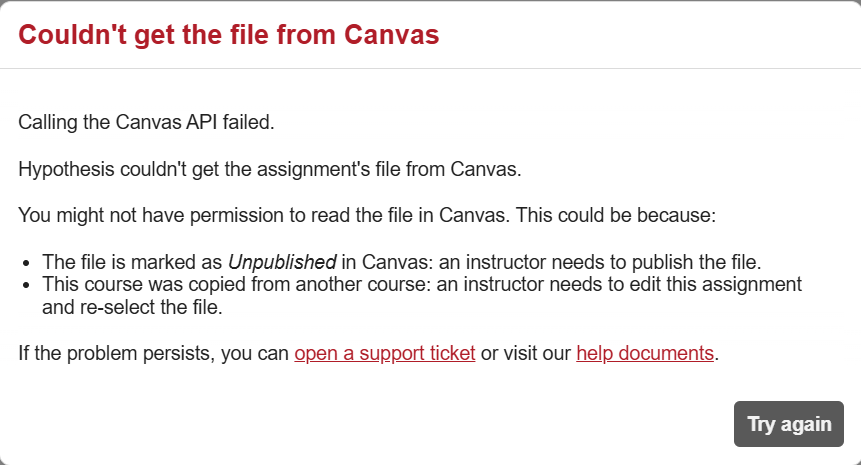 Hypothesis popup error when trying to get file from Canvas if you have not authorized access.