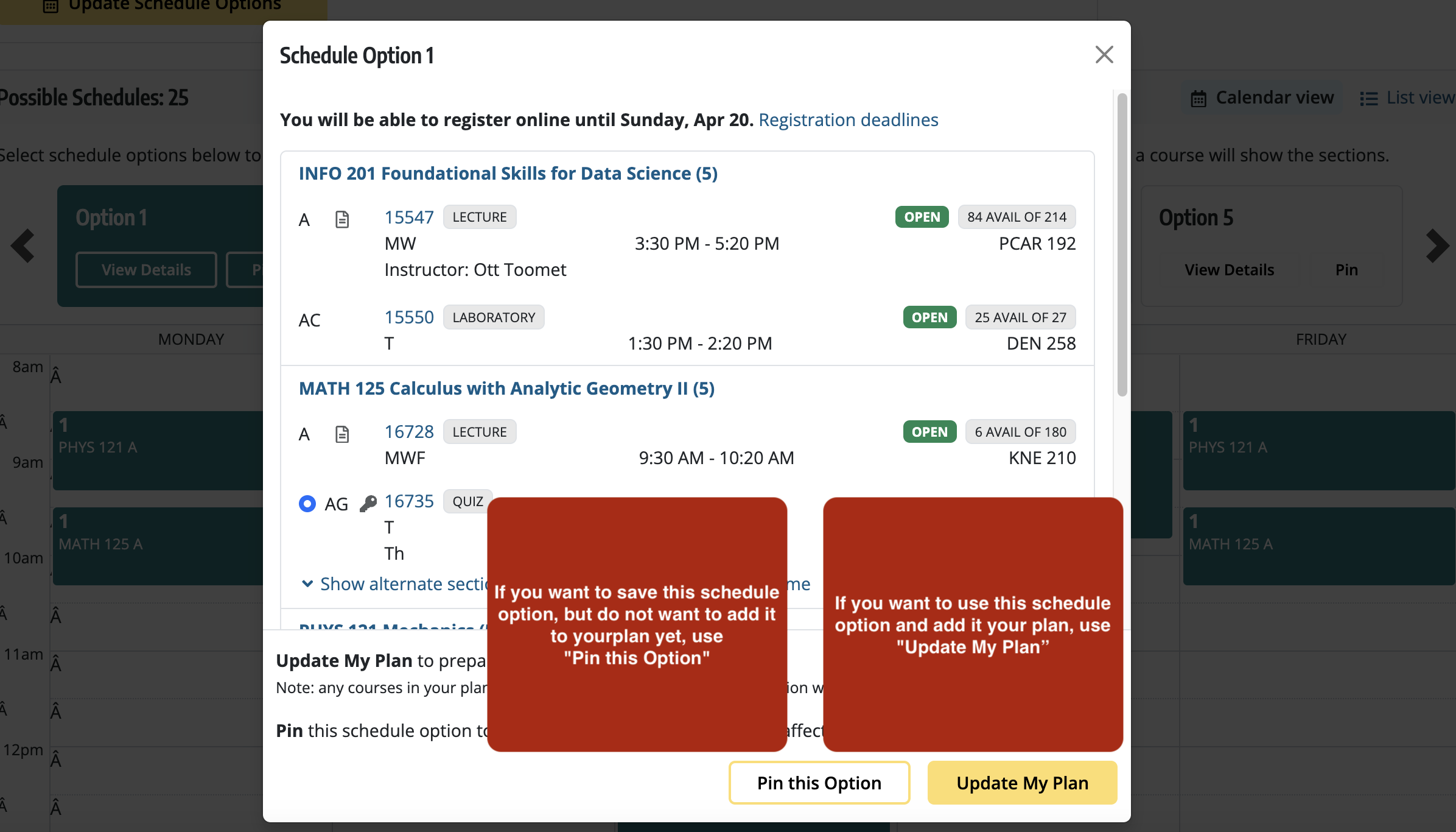Screenshot of schedule option pop-out with buttons to pin this option or update my plan