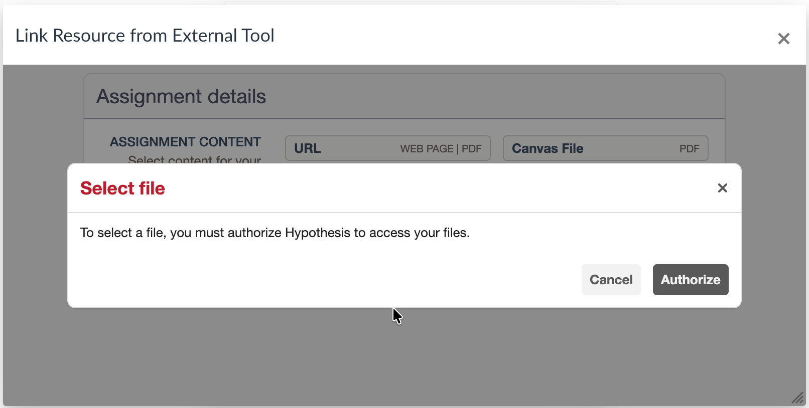 Pop up showing authorization needed for hypothesis.