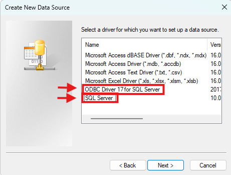 Selecting the driver for a new user data source in Microsoft Access