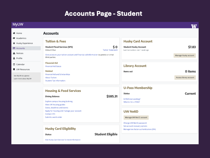 Screenshot of the MyUW Accounts page for a student. It includes cards for Tuition & Fees, Housing & Food Services, Husky Card, U-Pass and UW NetID.