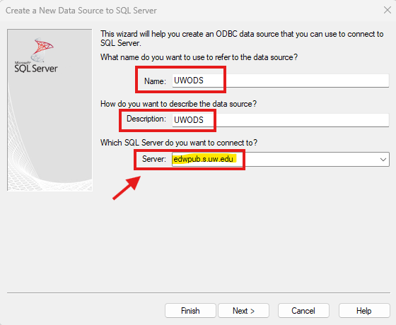 Setting the name and server for a new user data source in Microsoft Access