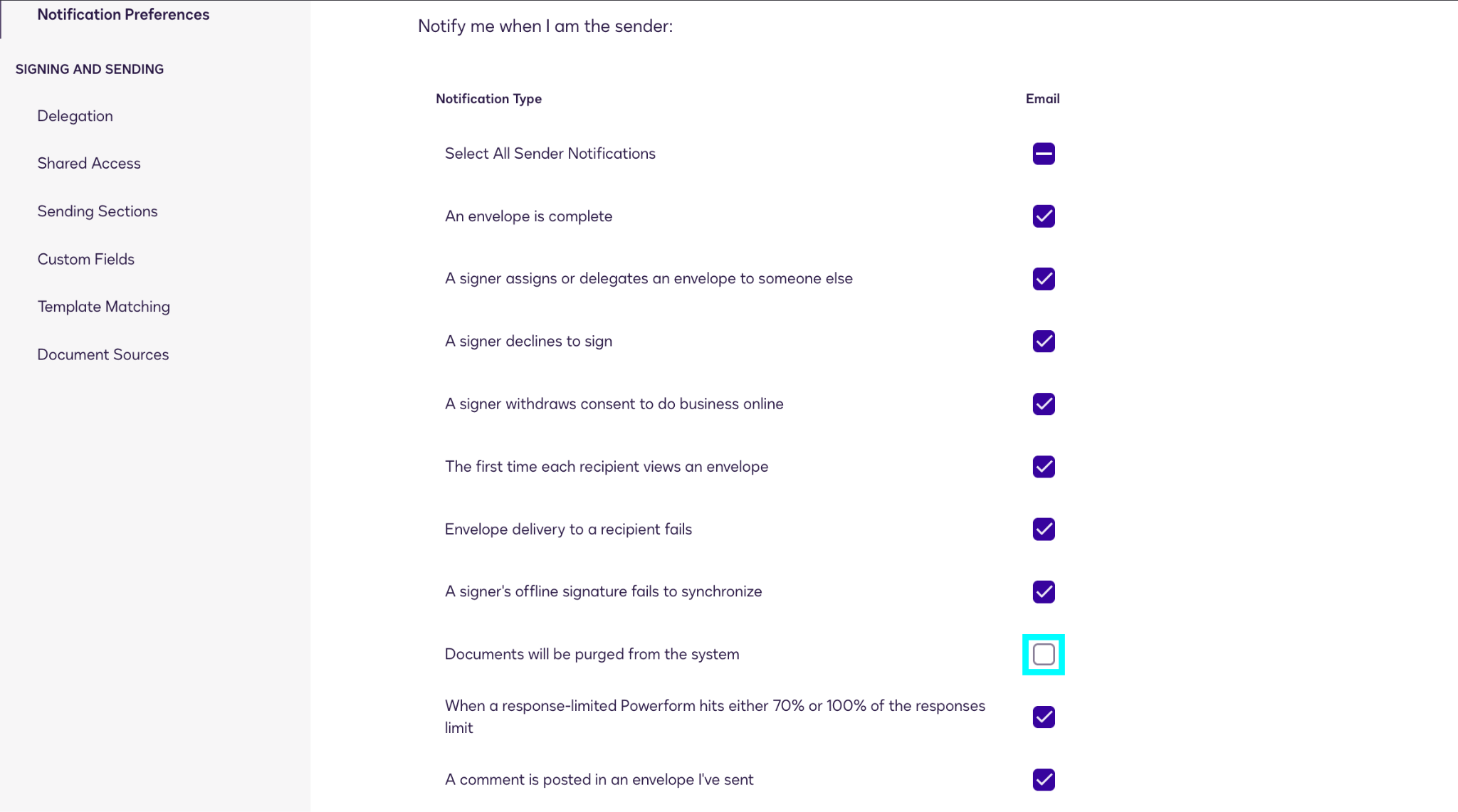 Screenshot of Notification Preferences menu with Documents will be purged from the system unchecked