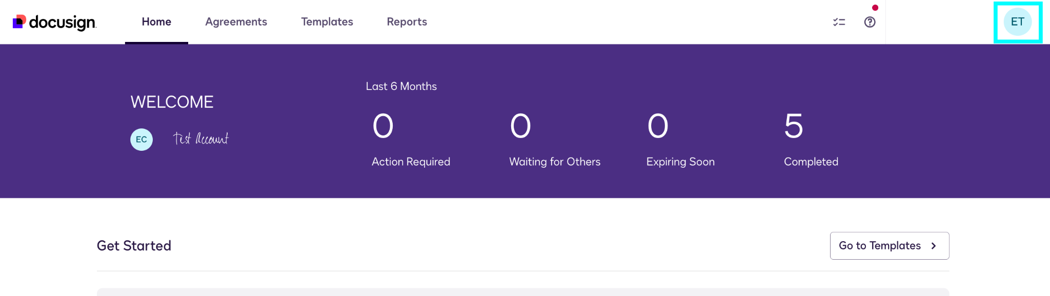Screenshot of Docusign Get Started page showing highlighted profile icon at top right of the screen