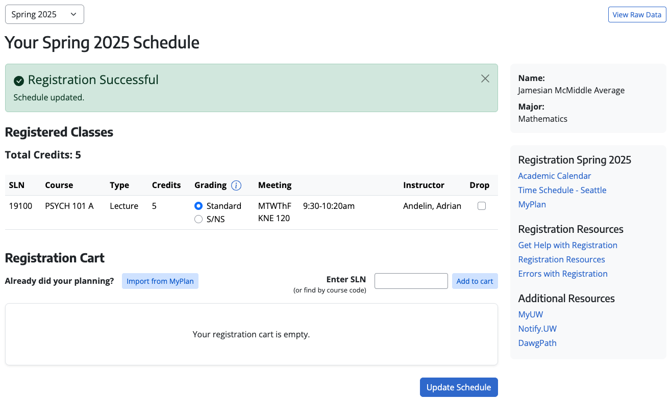 Screenshot of successful registration message