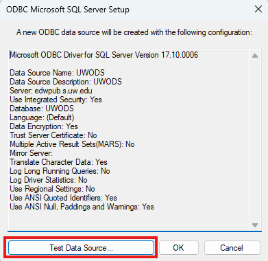 Dialog box preparing to test a new data source in Microsoft Access