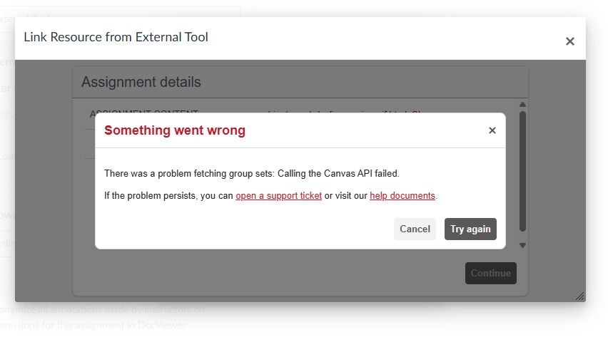 Hypothesis popup error when trying to get groups from Canvas if you have not authorized access.